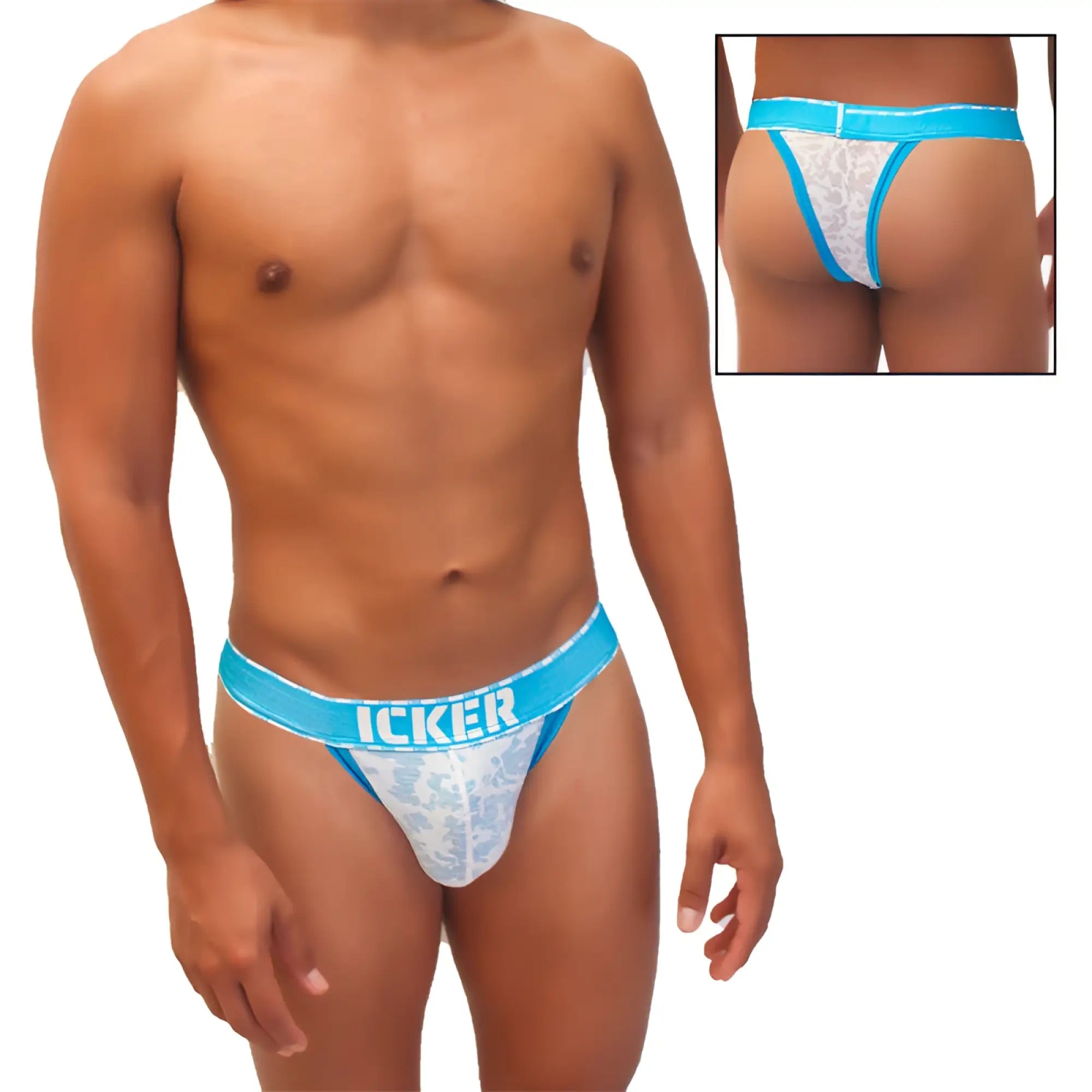 Blue and white lace thong cheeky tanga underwear with icker branding on waistband in sea acid mesh piping design