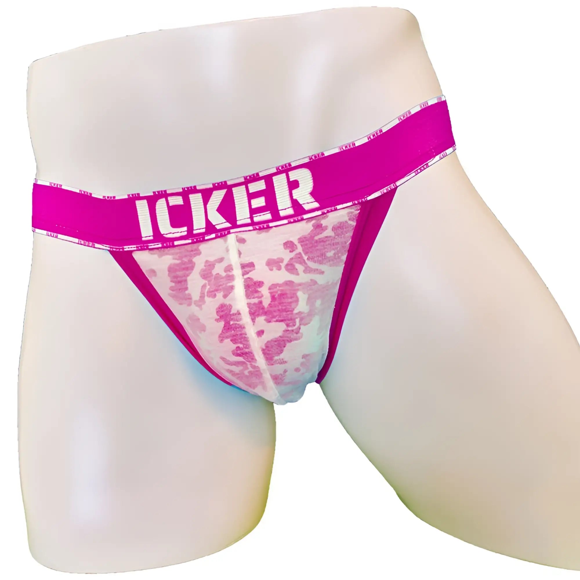 Pink lace-trimmed cheeky tanga bikini underwear with bold magenta icker logo waistband made from sea acid mesh piping