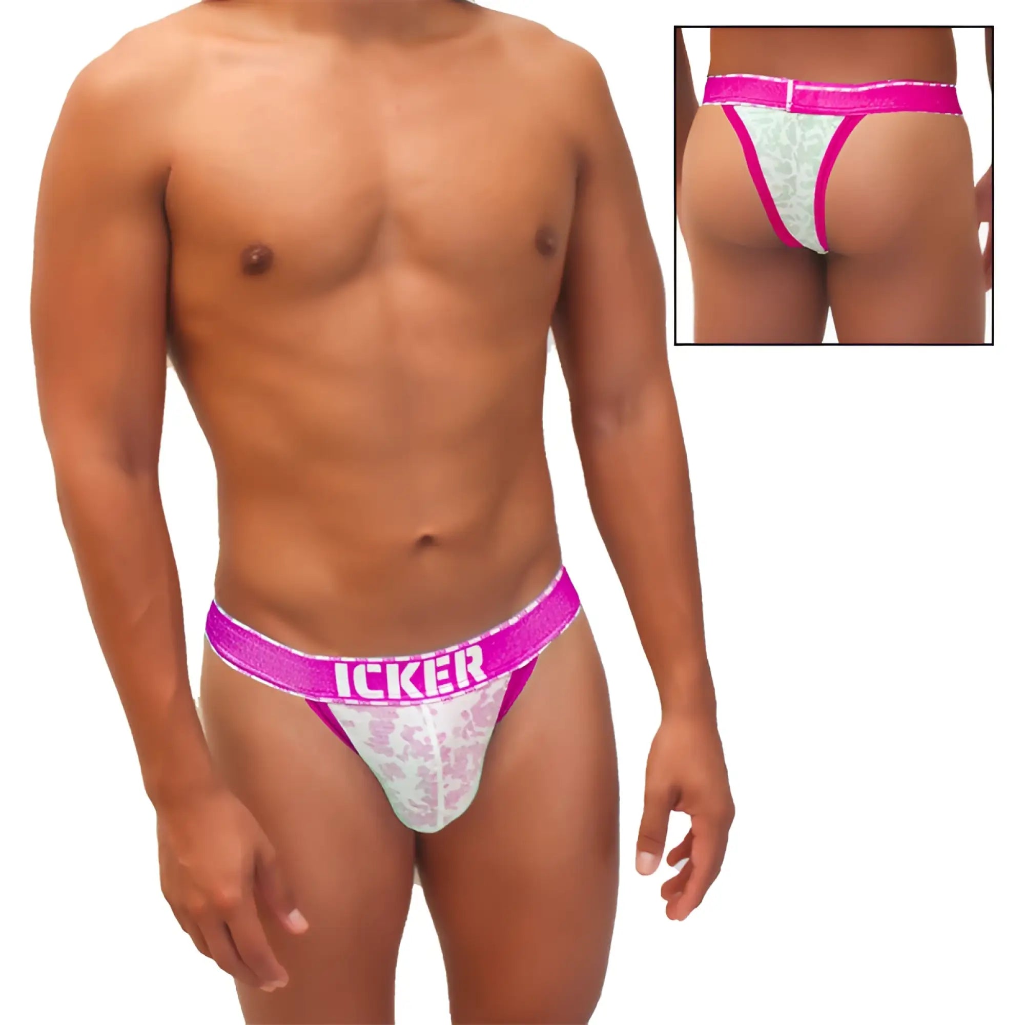 Pink and white lace thong with bold pink icker waistband from icker sea acid mesh piping cheeky tanga bikini underwear
