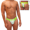 Bright green and white lace thong underwear with icker branding on waistband from icker sea acid mesh collection