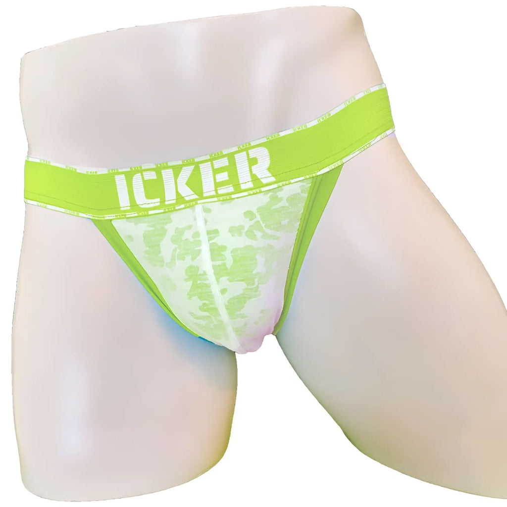 Bright lime green and white mesh Icker sea acid piping cheeky tanga bikini underwear with bold logo waistband