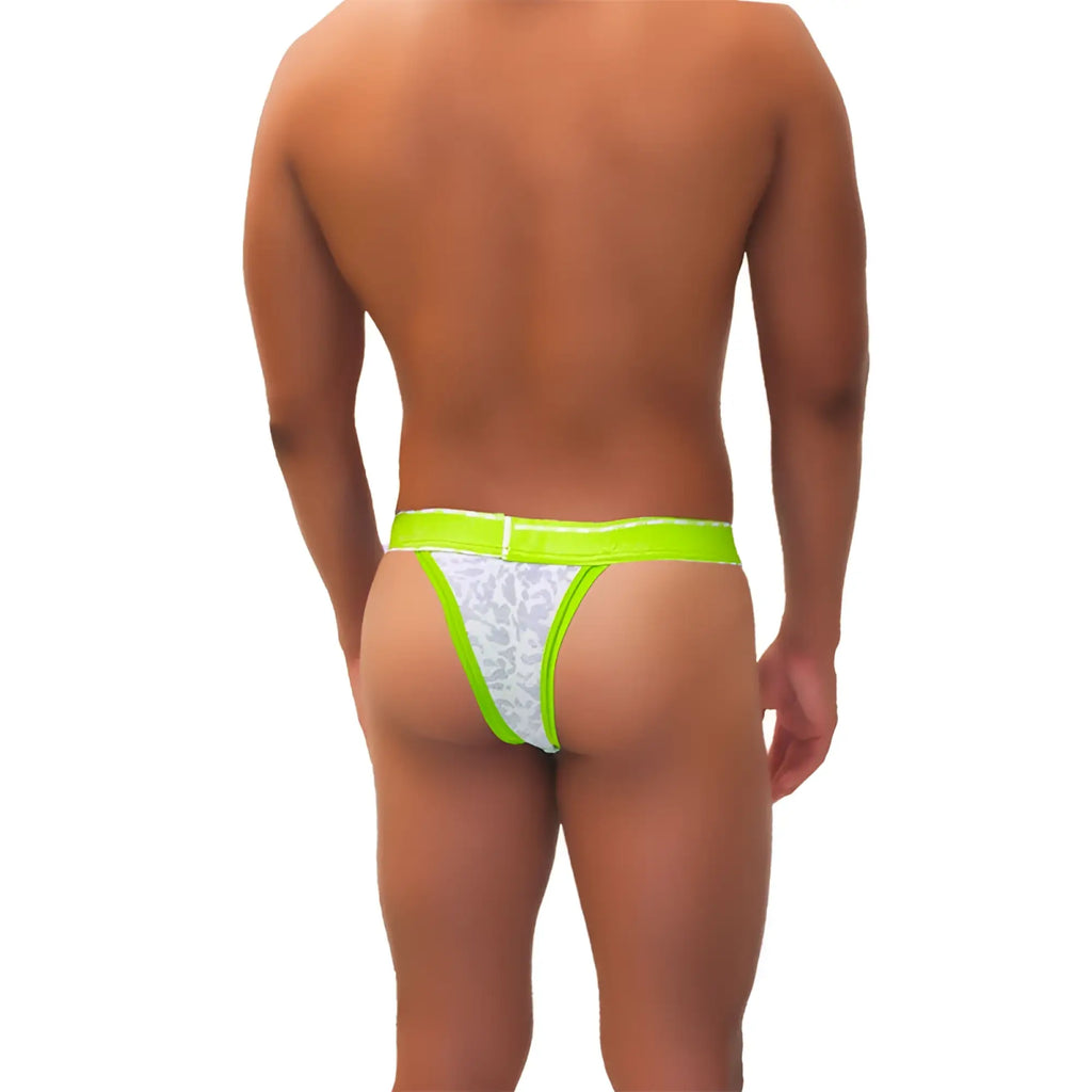 Bright neon green lace cheeky tanga bikini underwear with white patterned front and mesh piping trim by Icker Sea