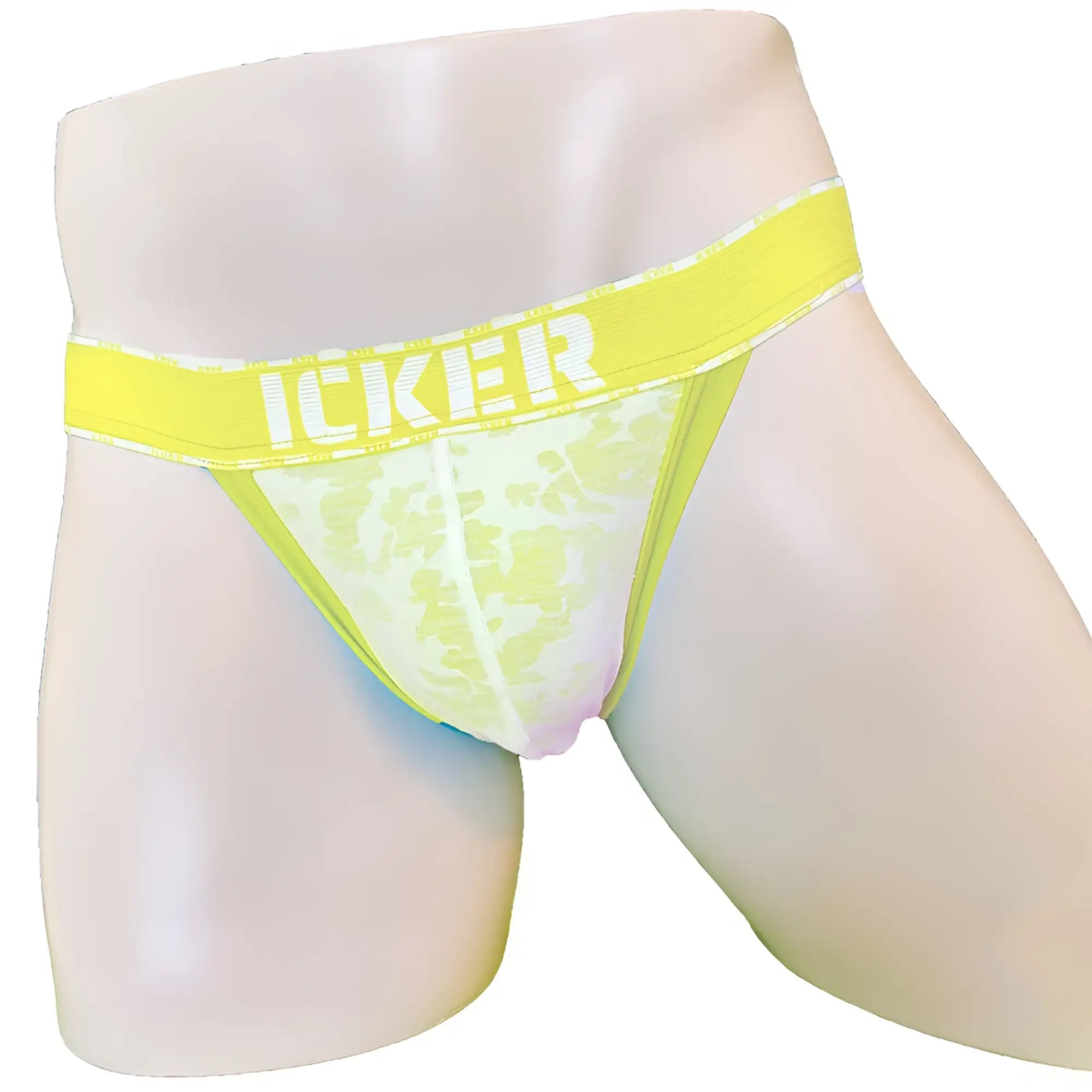 Vibrant neon yellow and white camouflage mesh cheeky tanga bikini underwear with icker logo waistband in mango color