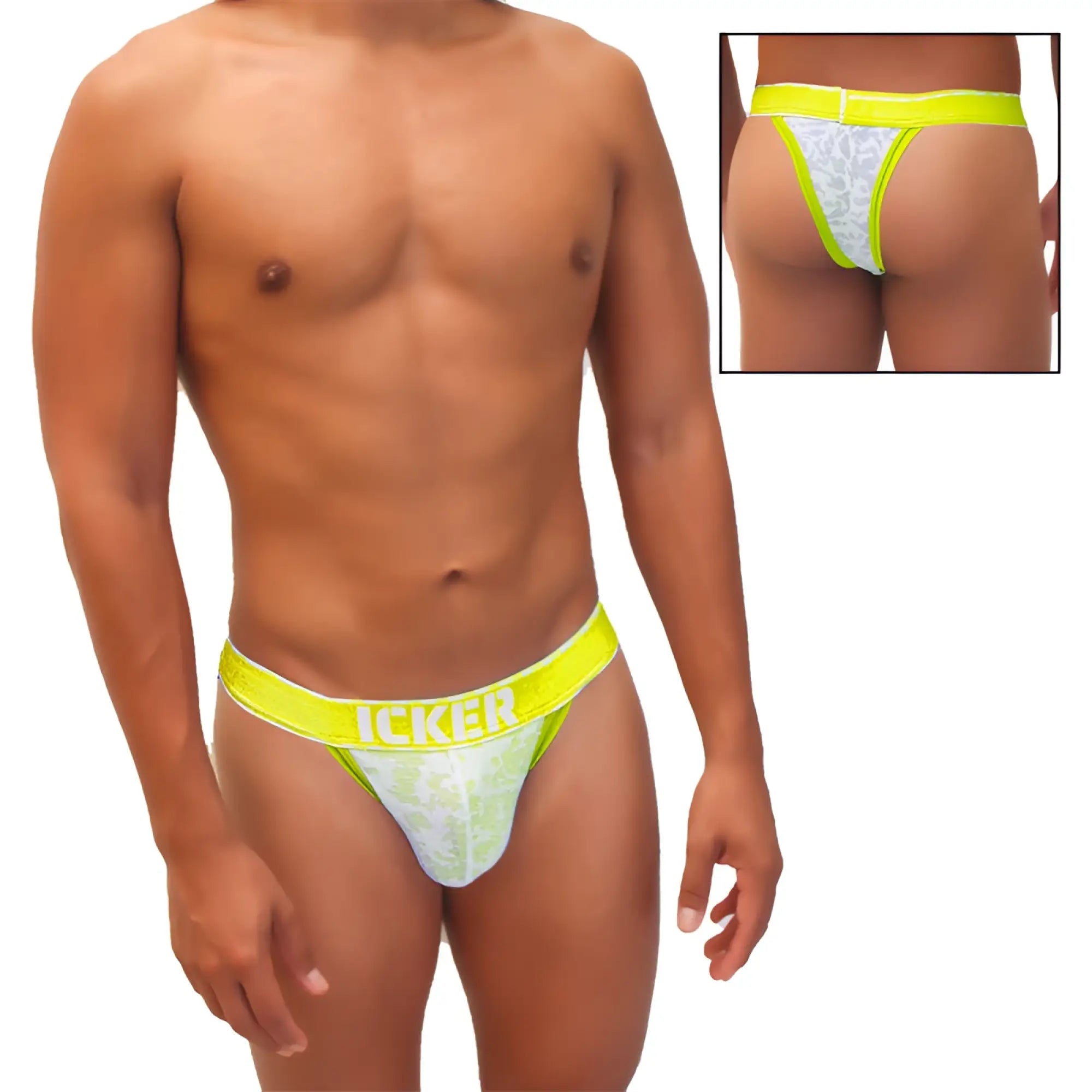 Bright neon yellow waistband with icker branding on white lace trimmed mesh cheeky tanga bikini underwear back view