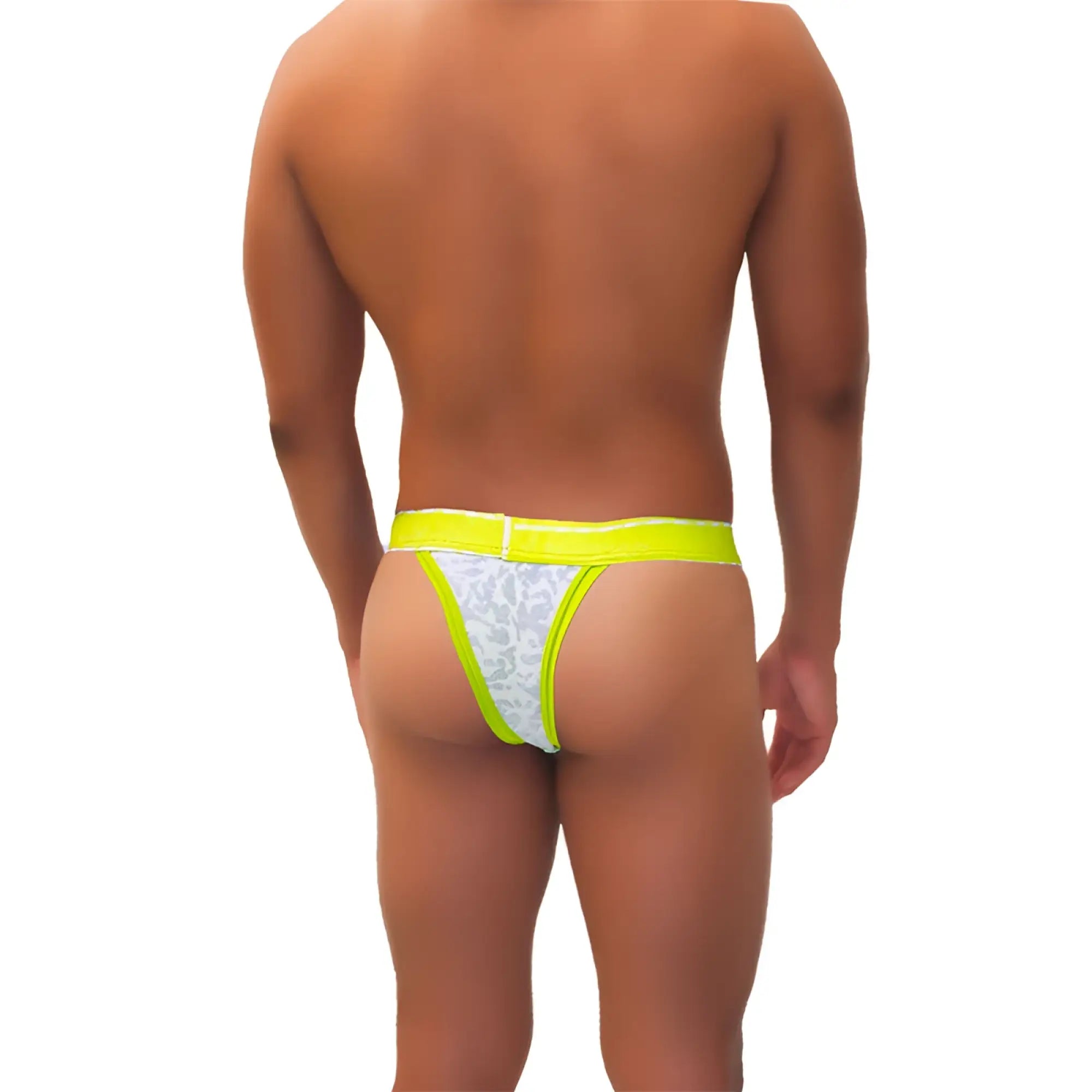 Bright neon yellow lace-trimmed thong with white patterned mesh center from Icker Sea Acid Mesh piping cheeky tanga bikini underwear