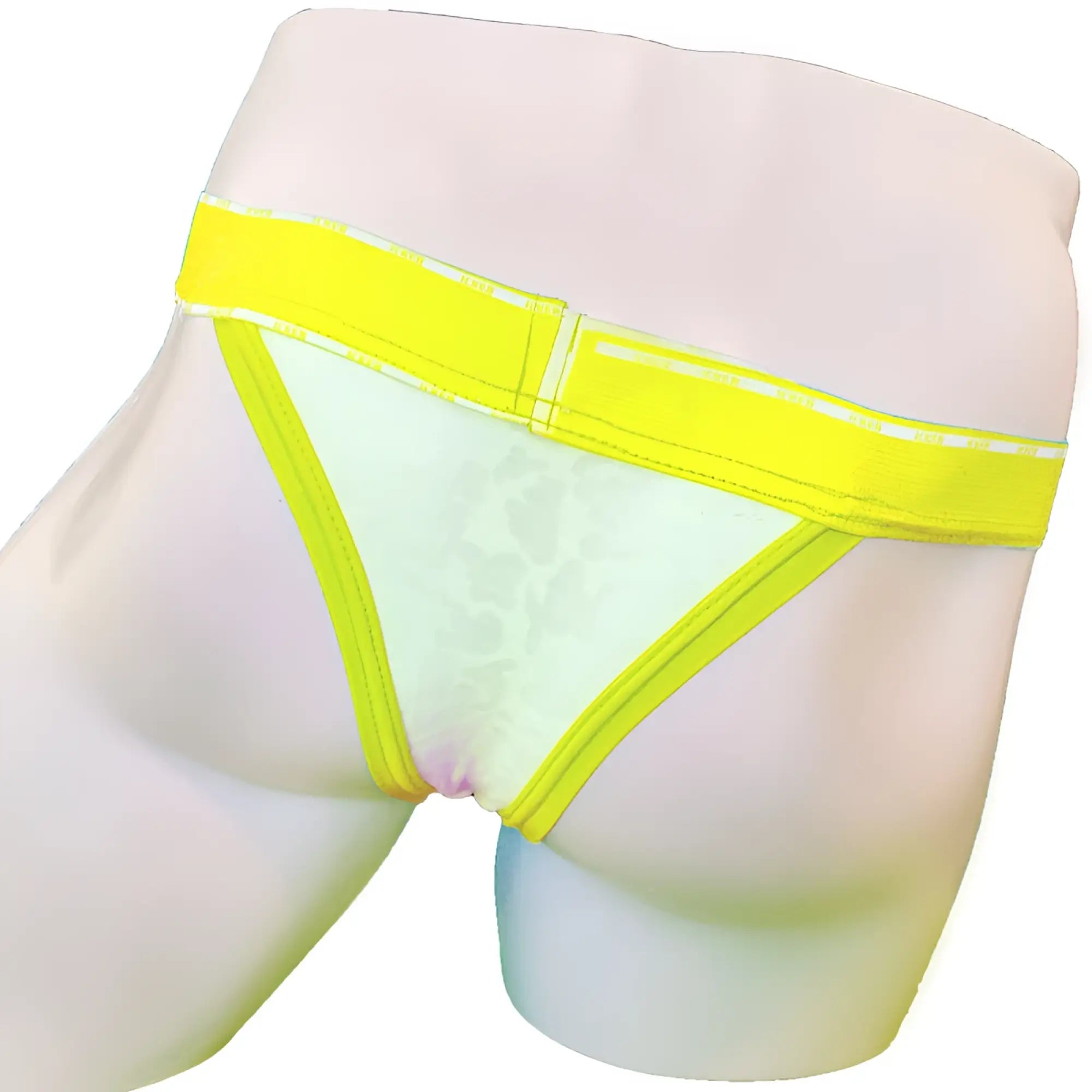 Icker sea acid mesh piping cheeky tanga bikini underwear mango with bright yellow-trimmed sheer white lace thong front view