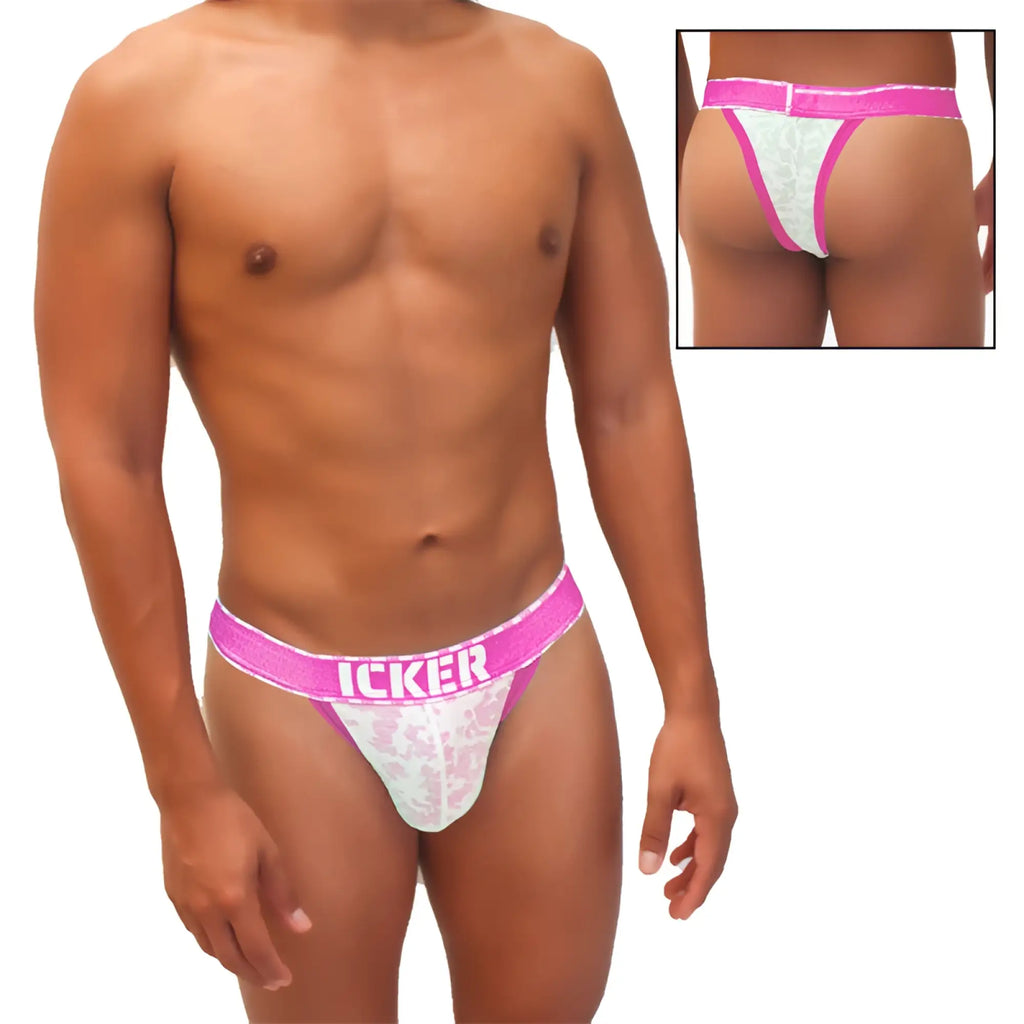 Pink and white lace cheeky tanga bikini underwear with icker branding and sea acid mesh piping detail