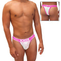 Pink and white lace cheeky tanga bikini underwear with icker branding and sea acid mesh piping detail