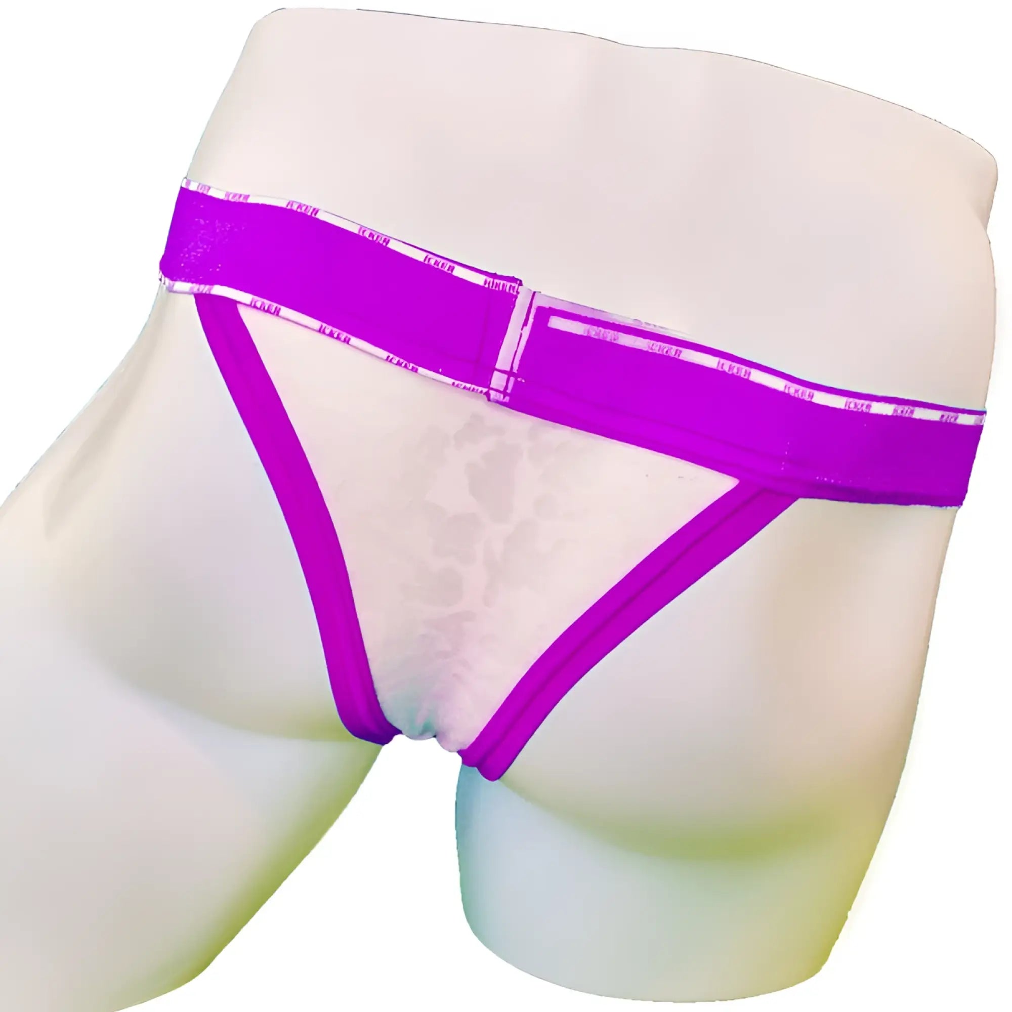 Purple Icker Sea Acid mesh piping cheeky tanga bikini briefs with sheer patterned front and lace-trimmed elastic waistband