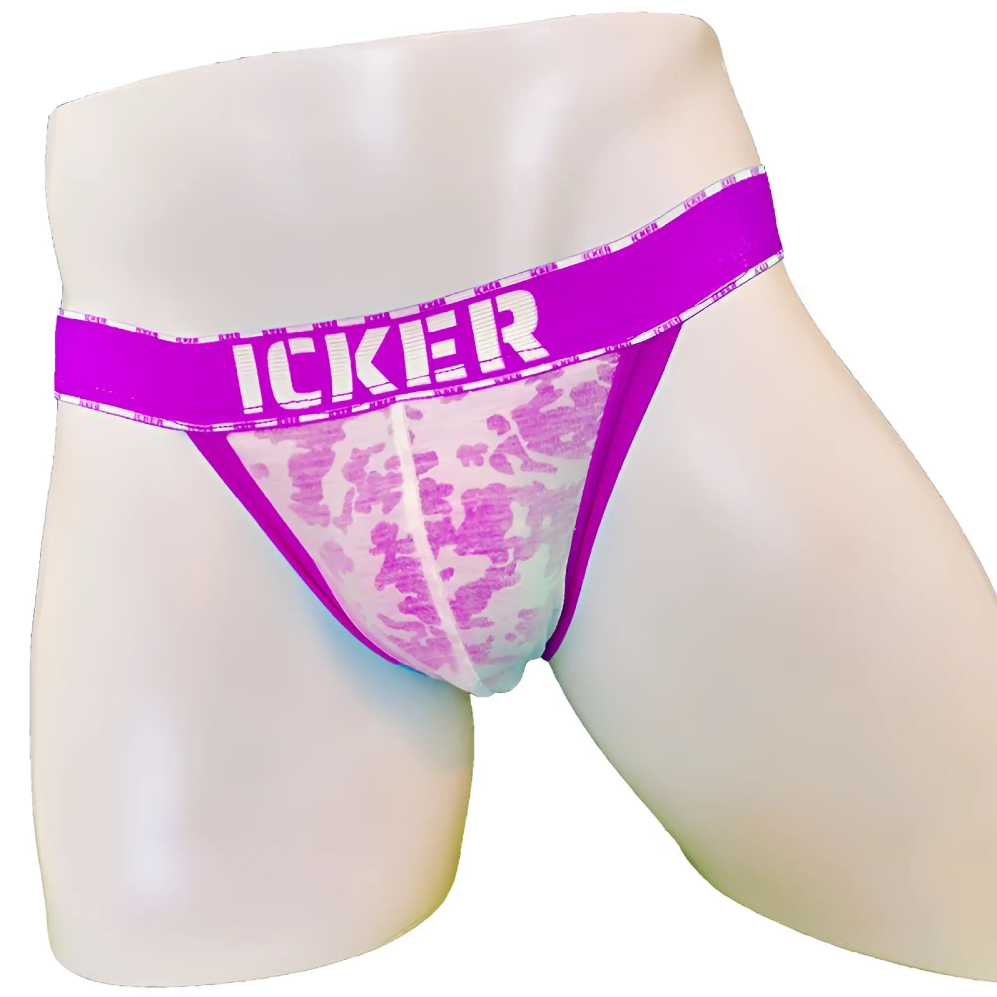 Purple lace cheeky tanga bikini underwear with bold magenta waistband and icker white lettering mesh piping
