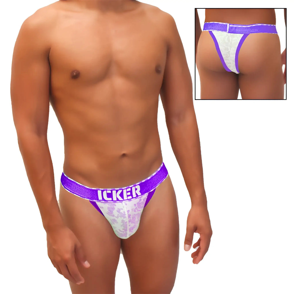 Purple and white lace cheeky tanga bikini underwear with icker branding and sea acid mesh piping detailing