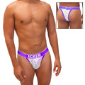 Purple and white lace cheeky tanga bikini underwear with icker branding and sea acid mesh piping detailing