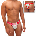 Red and white lace thong underwear with icker branding on waistband featuring sea acid mesh piping design
