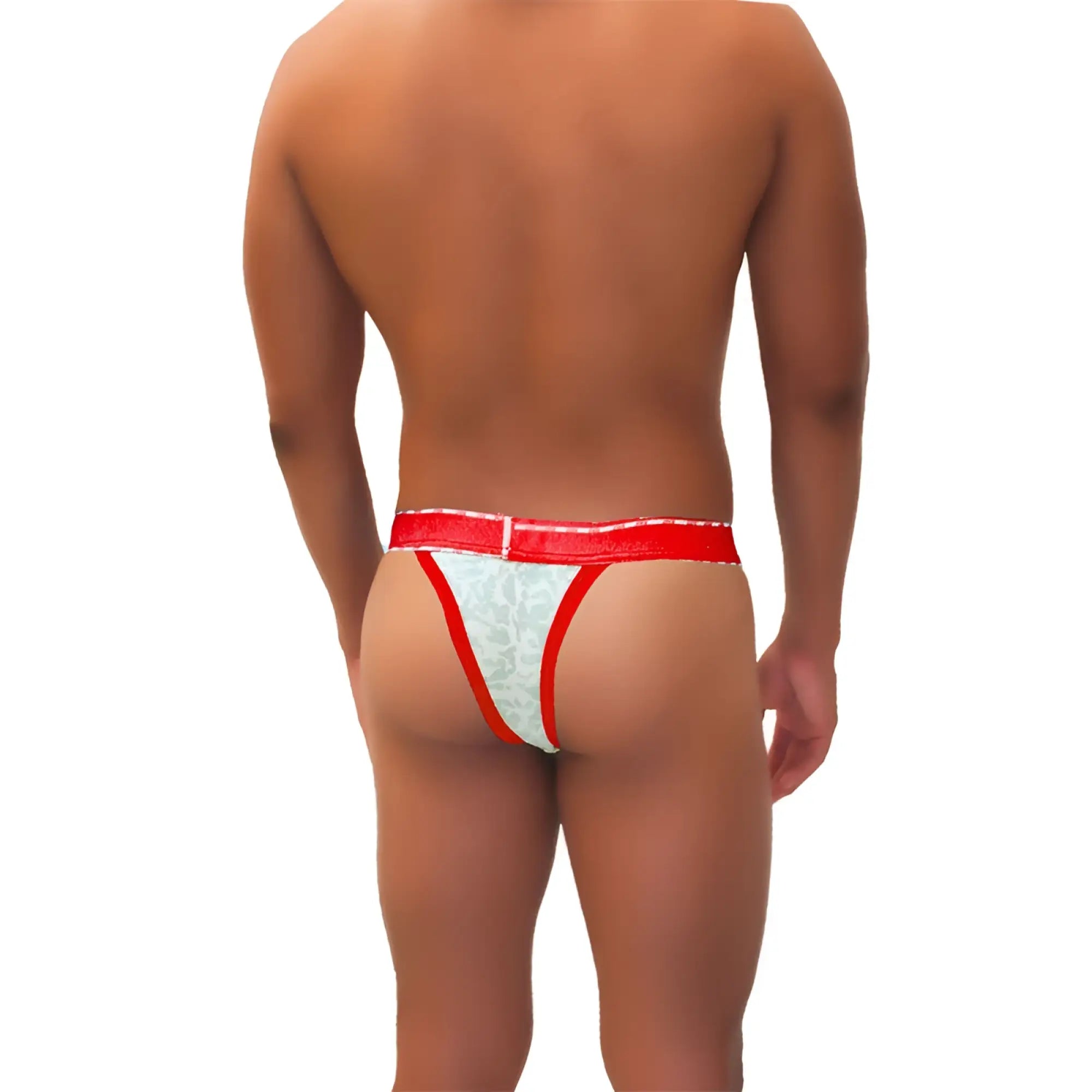 Red and white lace-trimmed cheeky tanga bikini underwear with bold red waistband and acid mesh piping by Icker Sea