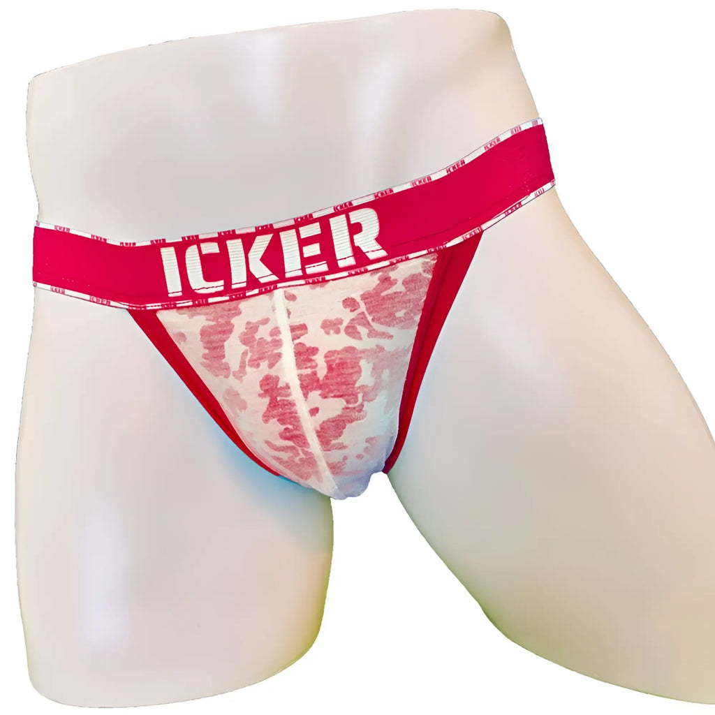 Red and white lace-trimmed icker sea acid mesh piping cheeky tanga bikini briefs with bold red waistband and white brand name