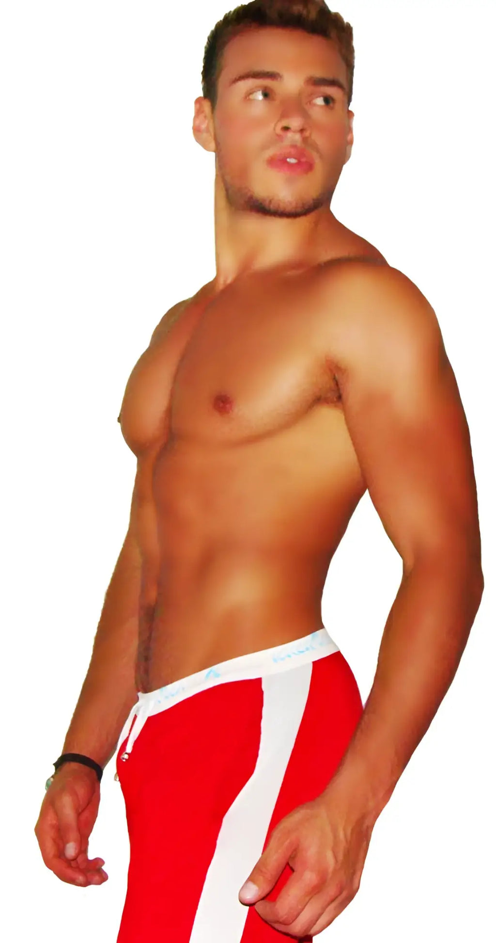 Red icker sea air fitness side stripe athletic shorts with white side stripes and elastic waistband