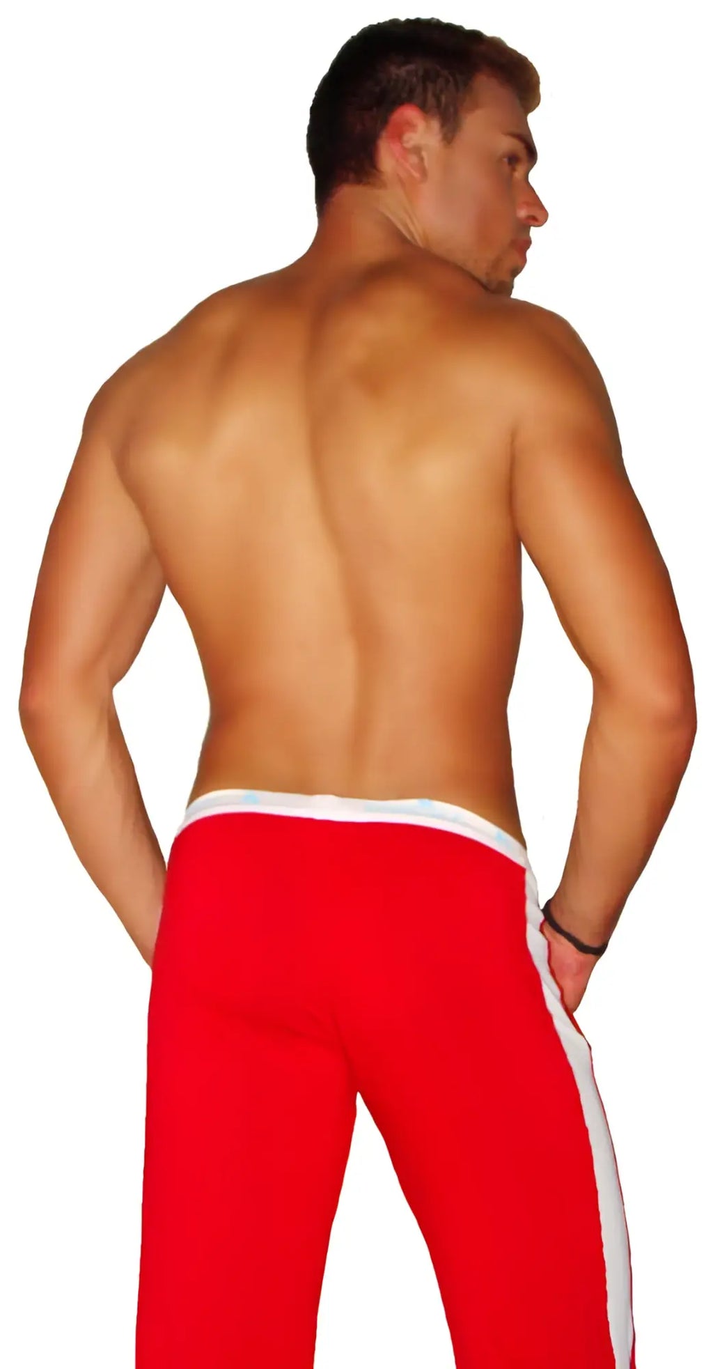 Icker Sea Air Fitness side stripe red athletic pants with white waistband and white side stripes for active wear