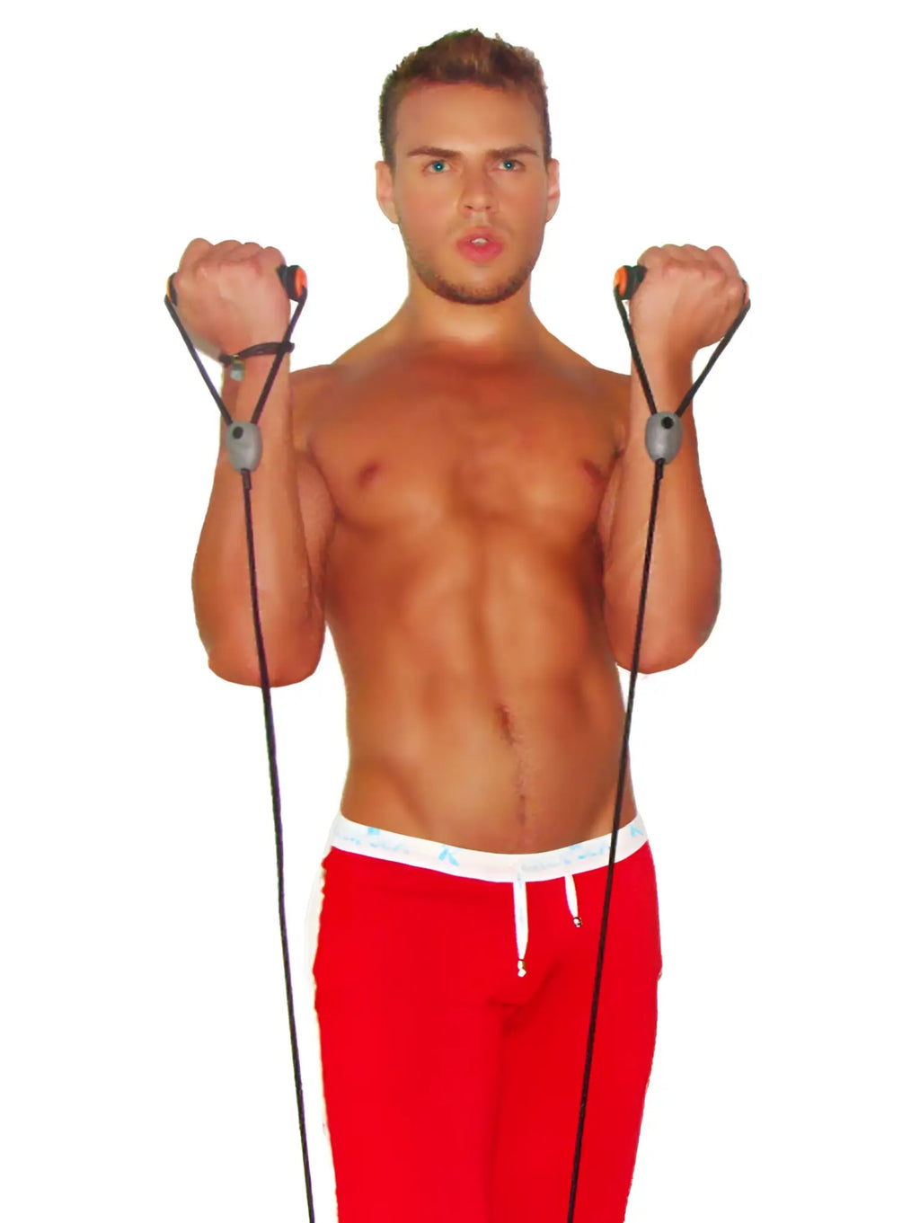 Black resistance band with orange handles and gray adjustment sliders for icker sea air fitness side stripe pants red pn-14-r-01