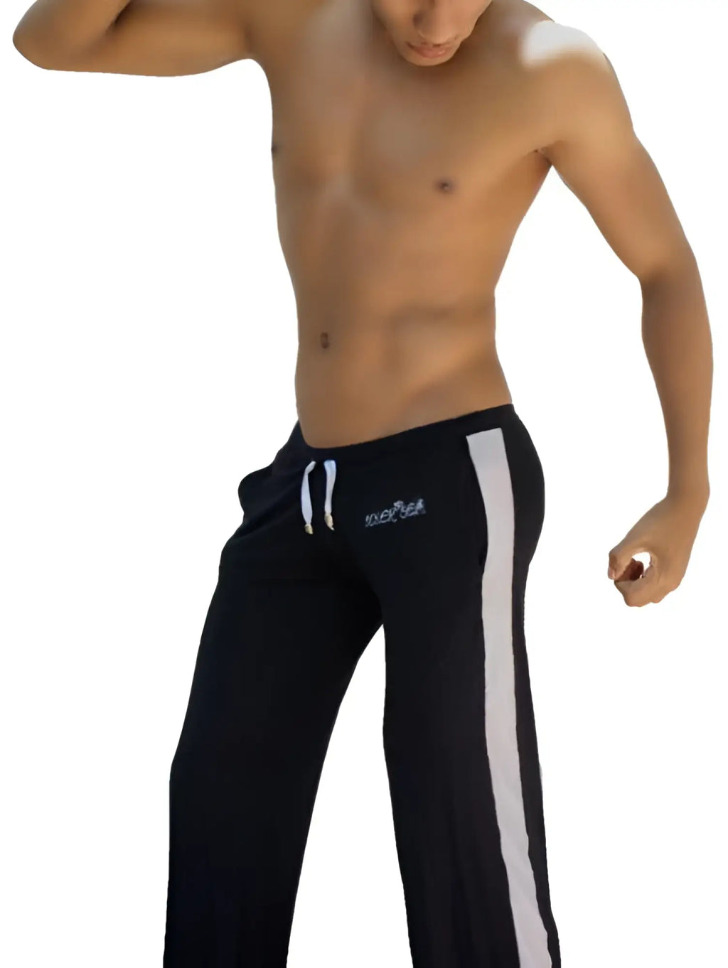 Icker Sea Air Fitness black athletic sweatpants with white vertical side stripe and matching drawstrings for running