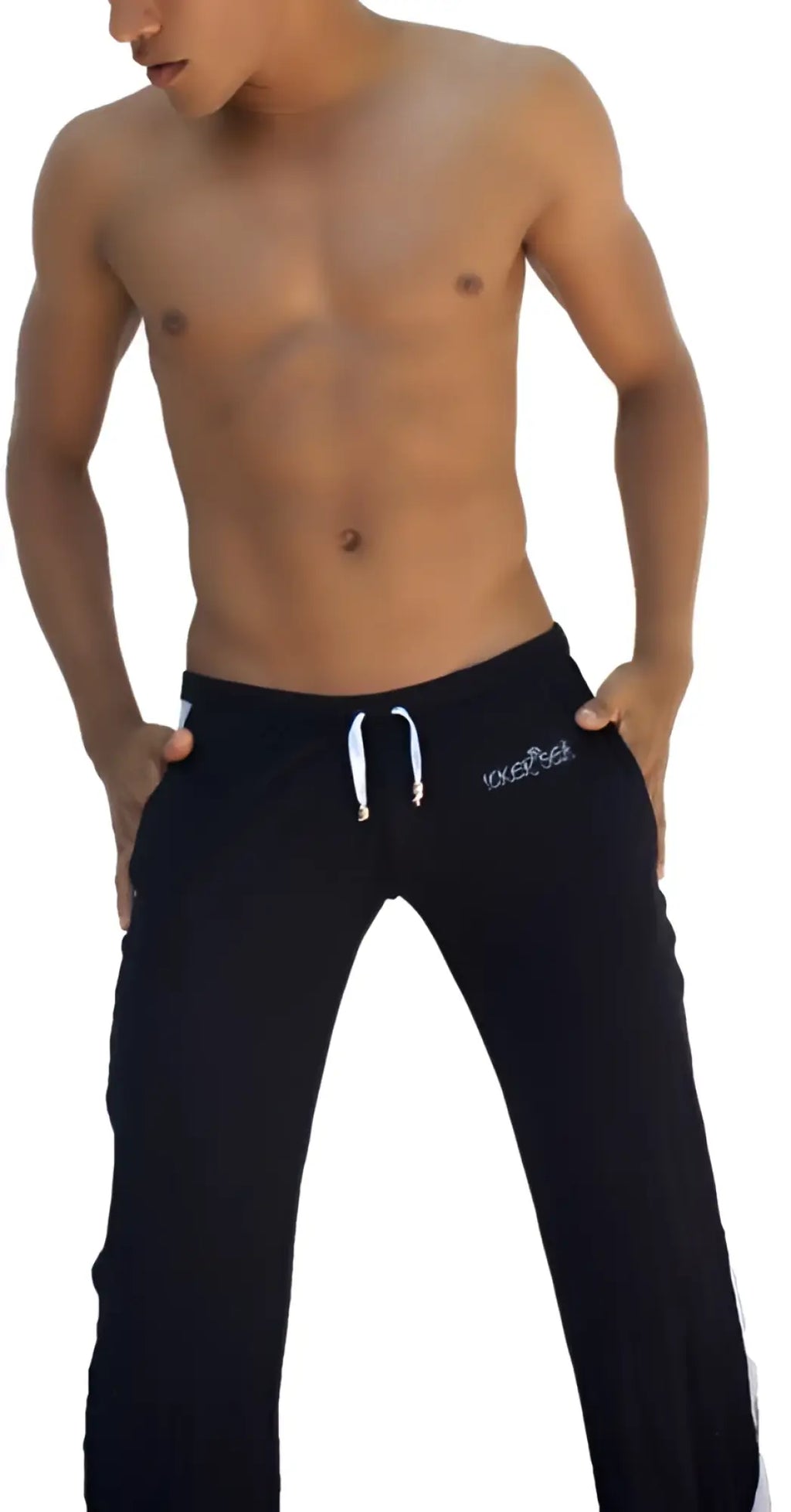 Black icker sea air fitness side stripe runner pants with white drawstrings and embroidered logo on left thigh