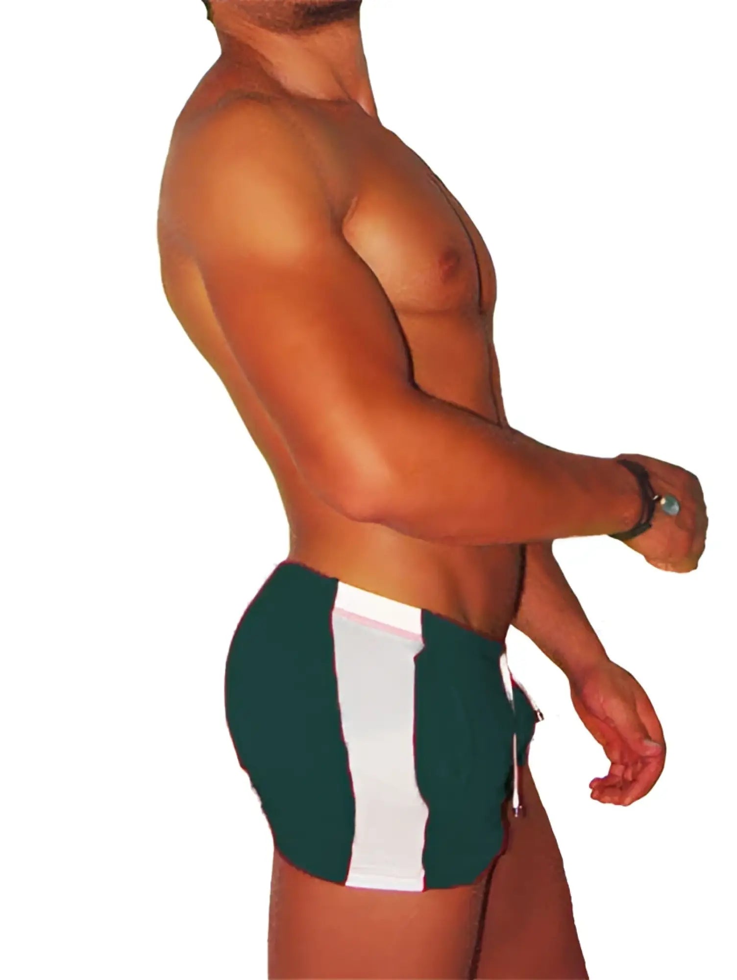 Dark green icker sea air fitness swim trunks with bold white vertical side stripe for active wear