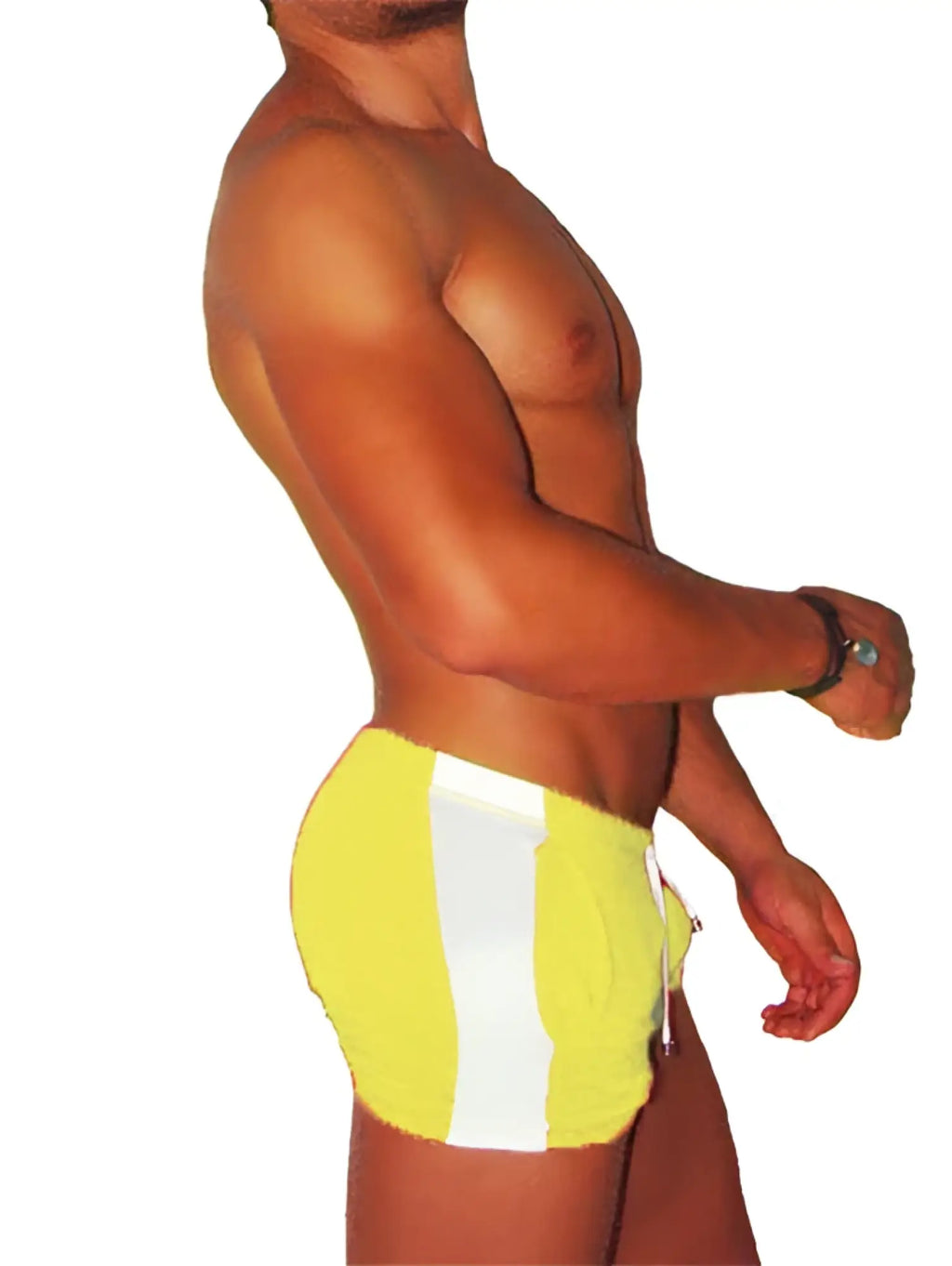 Bright yellow icker sea air fitness side stripe swim trunks with a bold white vertical stripe down the side