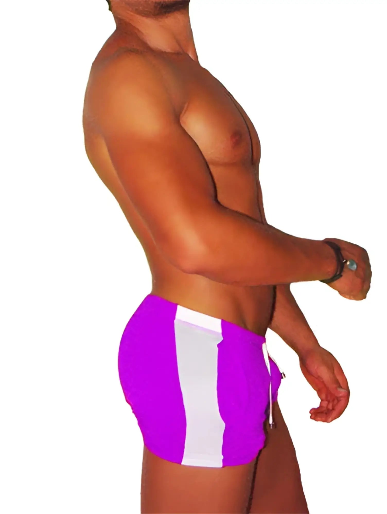 Purple and white striped swim trunks with drawstring waistband from icker sea air fitness side stripe shorts collection