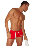 Icker Sea Air Fitness side stripe shorts in red with white drawstrings and logo on the lower right leg