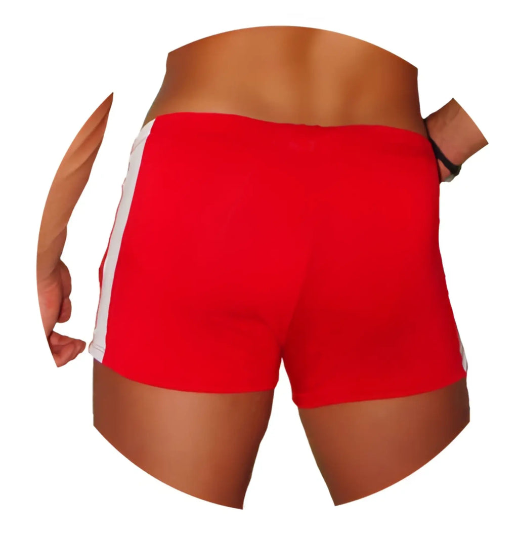 Icker Sea Air fitness red athletic shorts with white side stripes designed for comfort and active wear