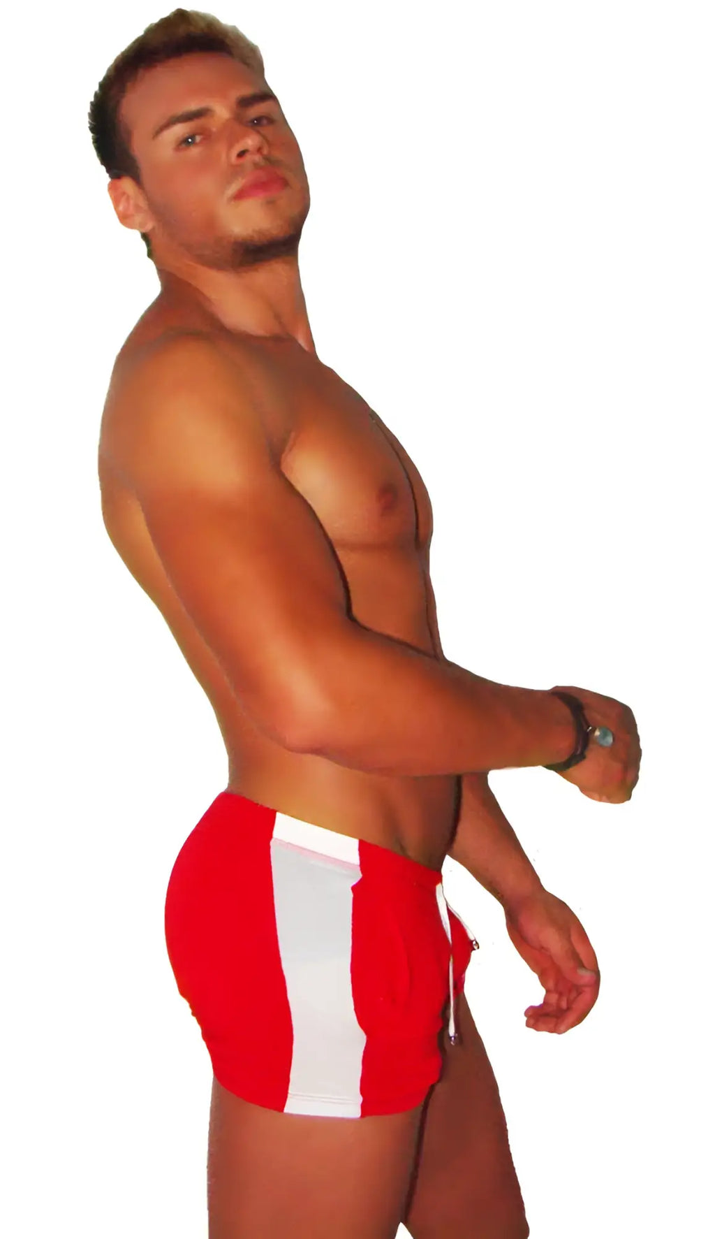 Icker Sea Air fitness side stripe shorts in red with white striped drawstring swim trunks waistband