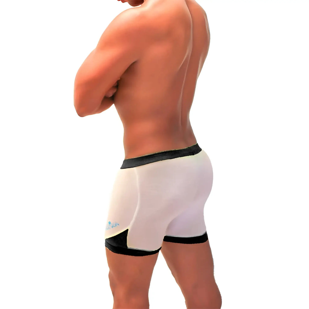 Icker Sea athletic mesh shorts in white with black trim and subtle blue logo designed for active wear