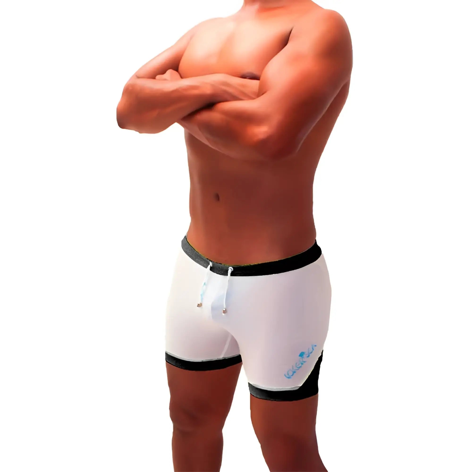 Icker Sea athletic mesh white swim trunks with black trim and subtle blue logo on the side SHR-22-01