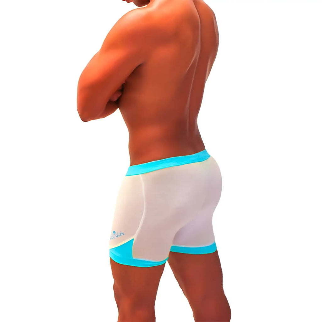 Icker Sea athletic mesh shorts in white with bright turquoise contrast trim and small logo on left thigh