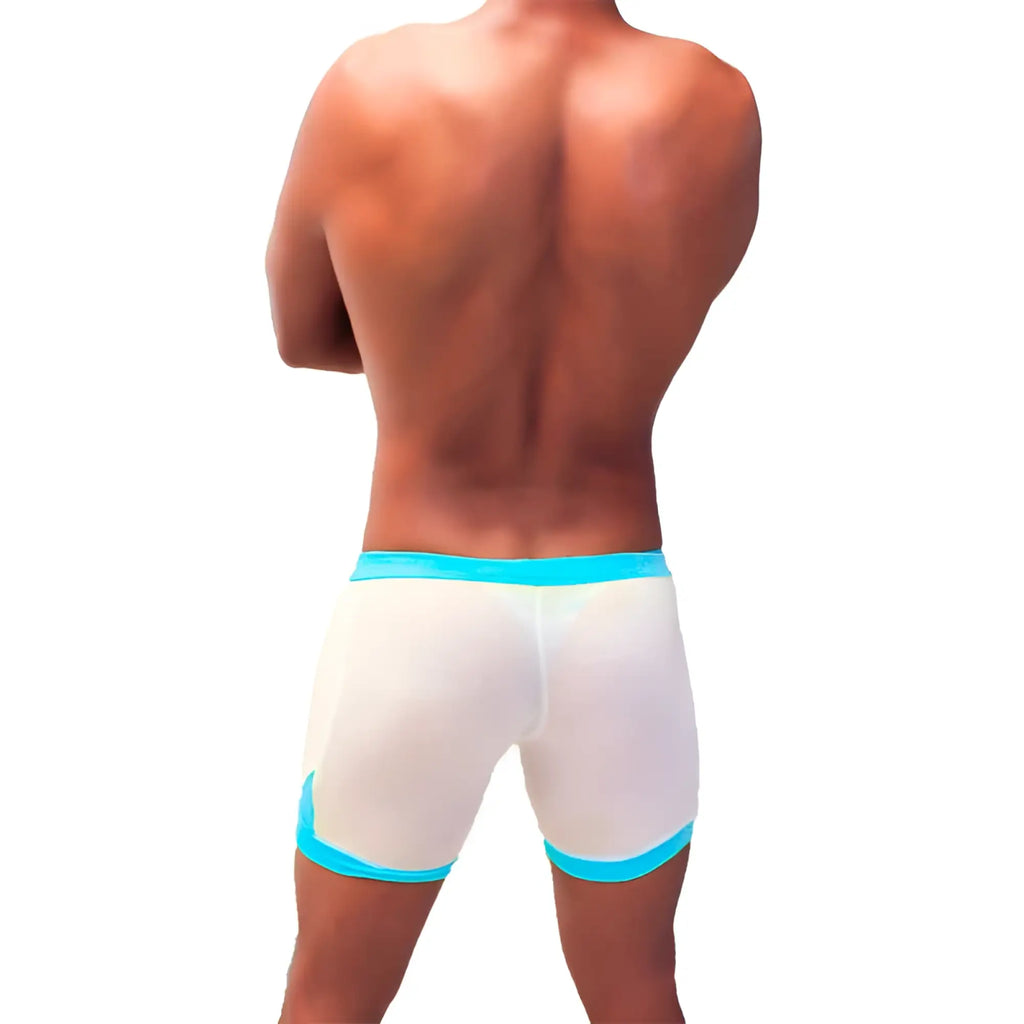 White mesh briefs with bright blue contrast trim by icker sea athletic mesh contrast trim shorts blue SHR-22-01