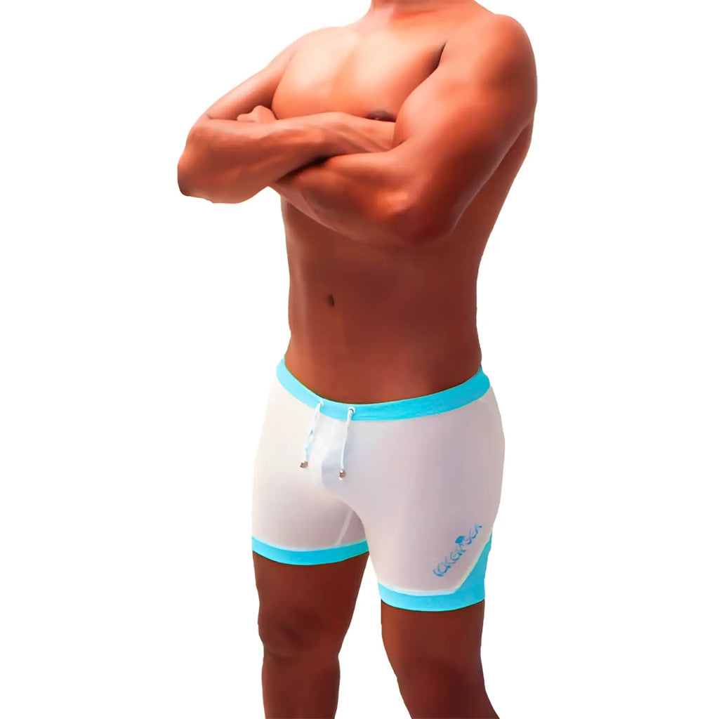 Icker Sea athletic mesh white swim trunks with light blue trim and drawstring waistband blue SHR-22-01