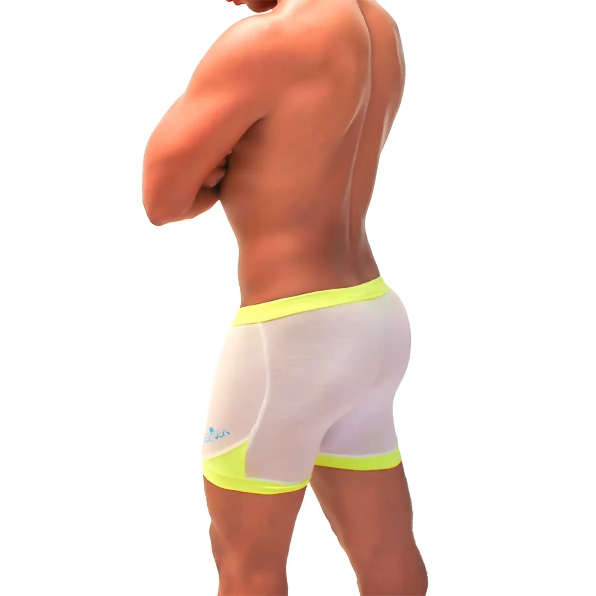 Icker Sea athletic mesh shorts in white with neon yellow trim and a blue logo on the left thigh