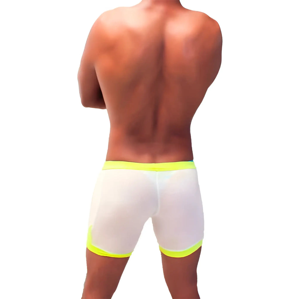 White mesh briefs with neon yellow trim from icker sea athletic mesh contrast trim shorts mango SHR-22-01