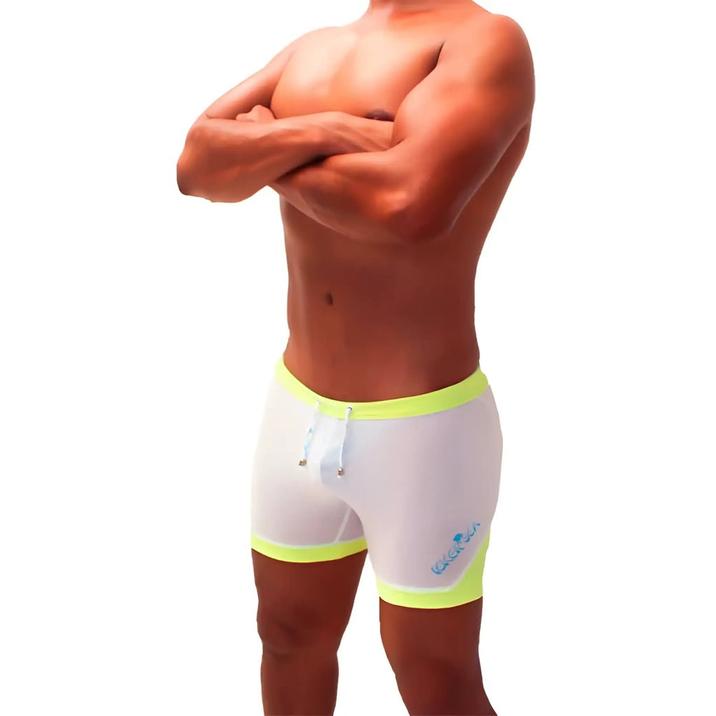 White Icker Sea athletic mesh swim trunks with neon yellow trim and blue logo for active water sports
