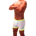 White Icker Sea athletic mesh swim trunks with neon yellow trim and blue logo for active water sports