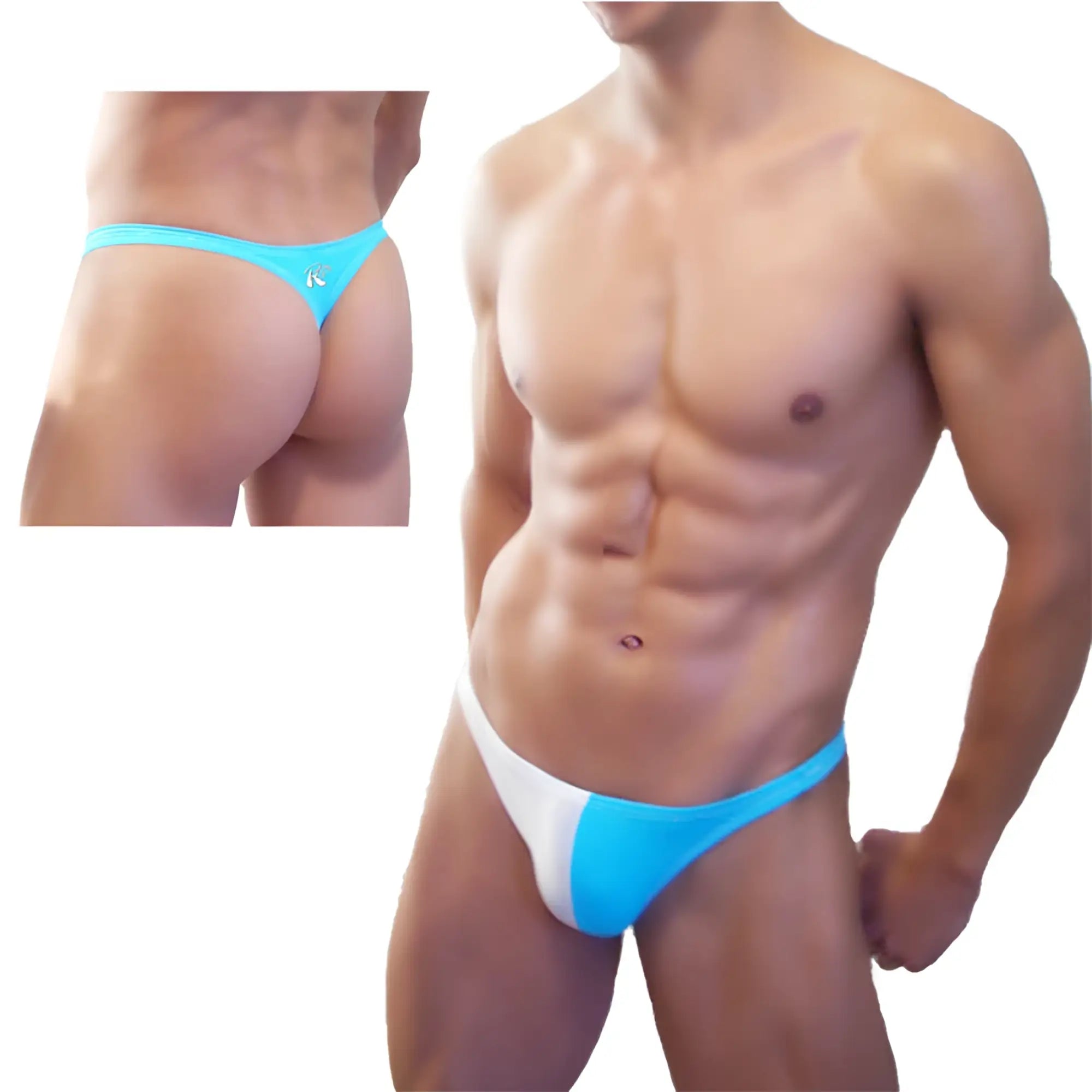 Icker sea bicolor thong swimwear blue and white with a small logo on the side in bright colors