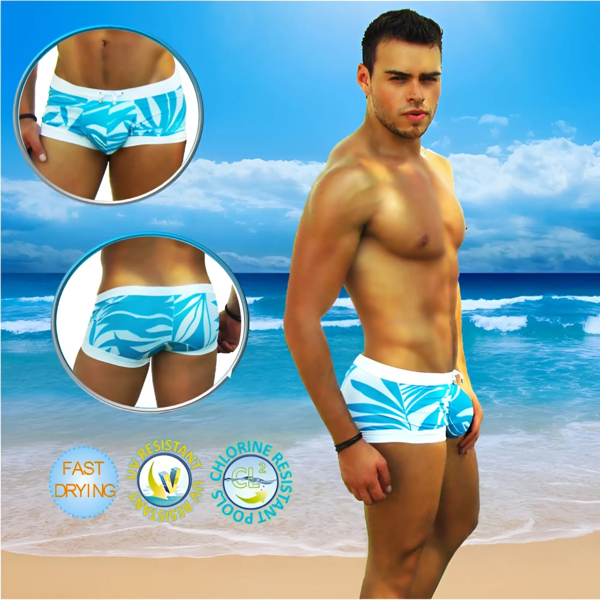 Icker Sea blue waves low square cut trunk swimwear featuring blue and white tropical leaf pattern for swimming