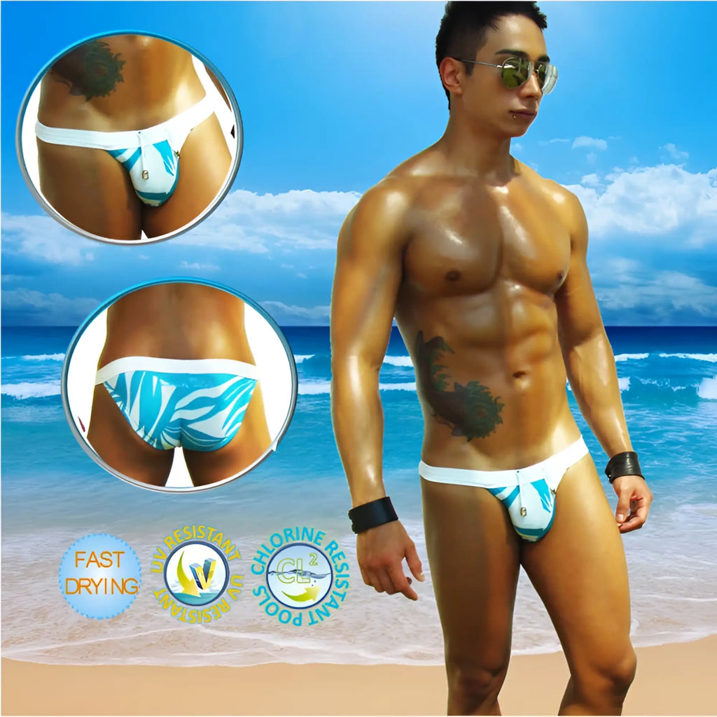 Icker Sea blue waves microslip bikini swimwear with blue and white patterned swim trunks featuring zipper closure