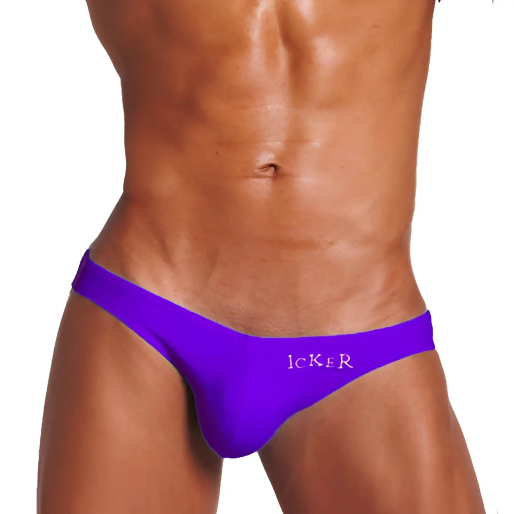 Vibrant purple icker sea bottomless jock bikini with form-fitting low-rise design and white embroidered logo