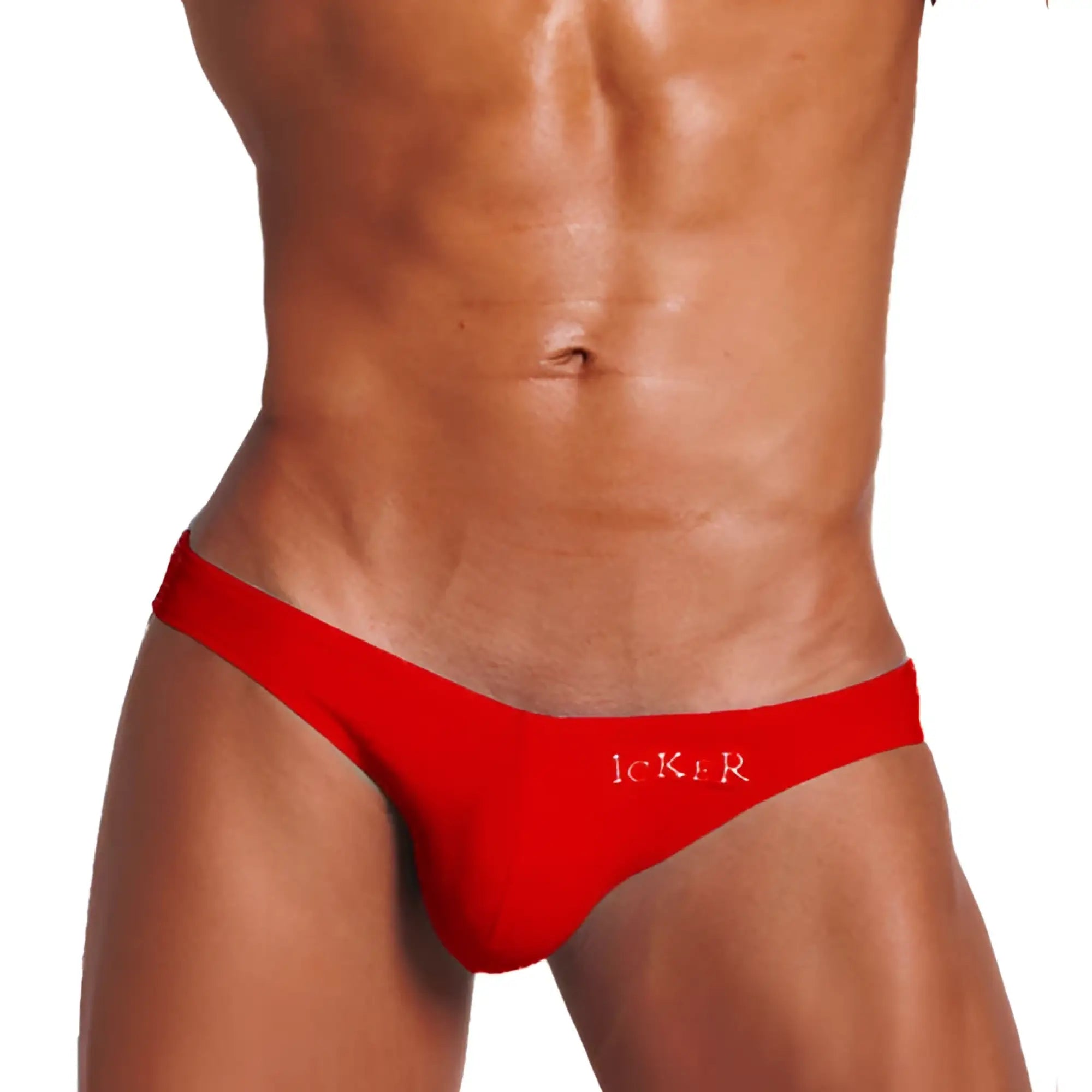 Red form-fitting thong underwear with subtle icker logo embroidered in white on the front from icker sea bottomless jock collection