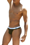 Black icker sea brazilian tanga thong underwear with white elastic waistband and blue logo text