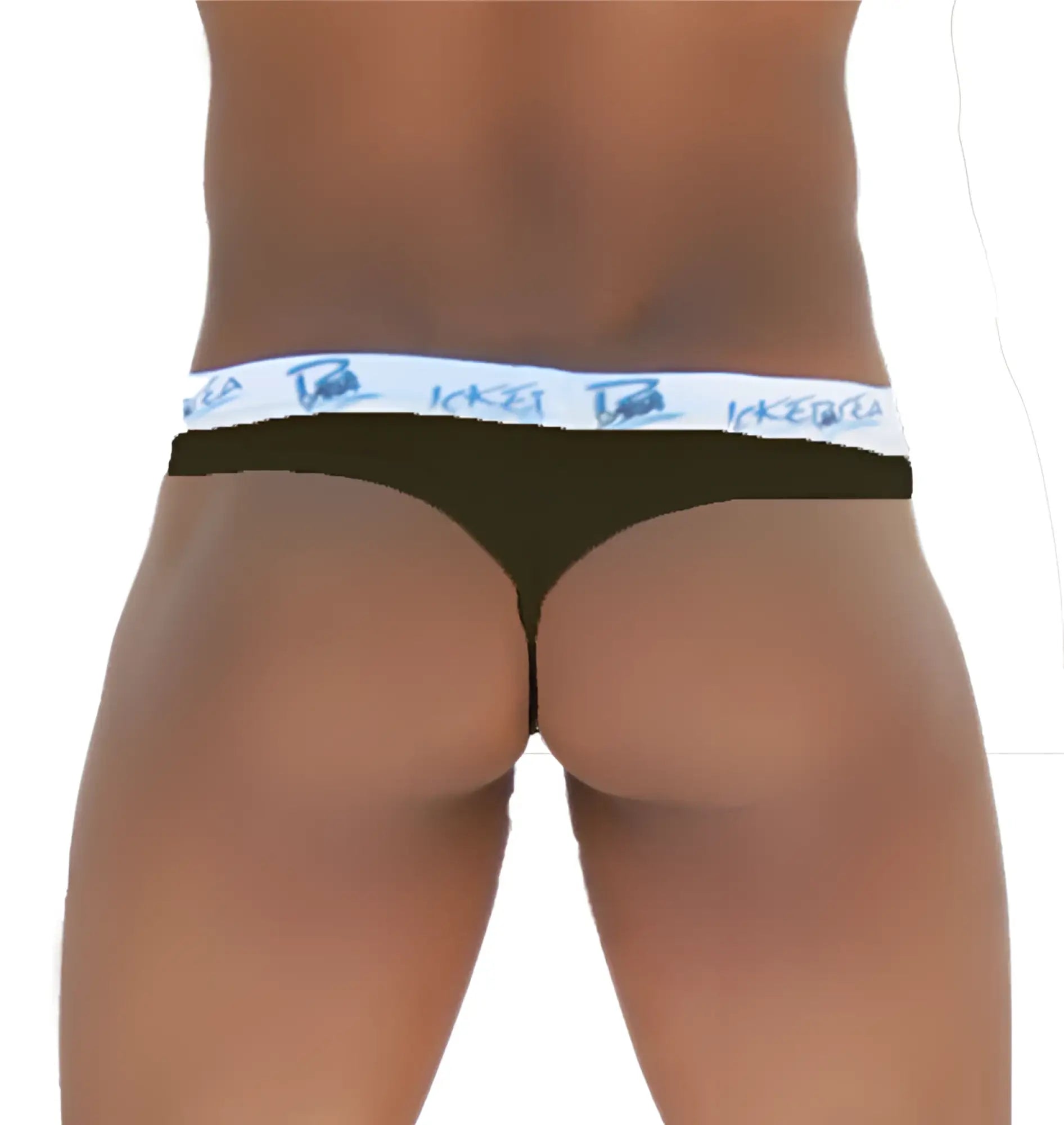 Black icker sea brazilian tanga thong underwear with white waistband and blue ikea branding front view