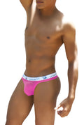 Icker Sea Brazilian tanga thong underwear in bright pink mesh with white elastic waistband and blue logo text