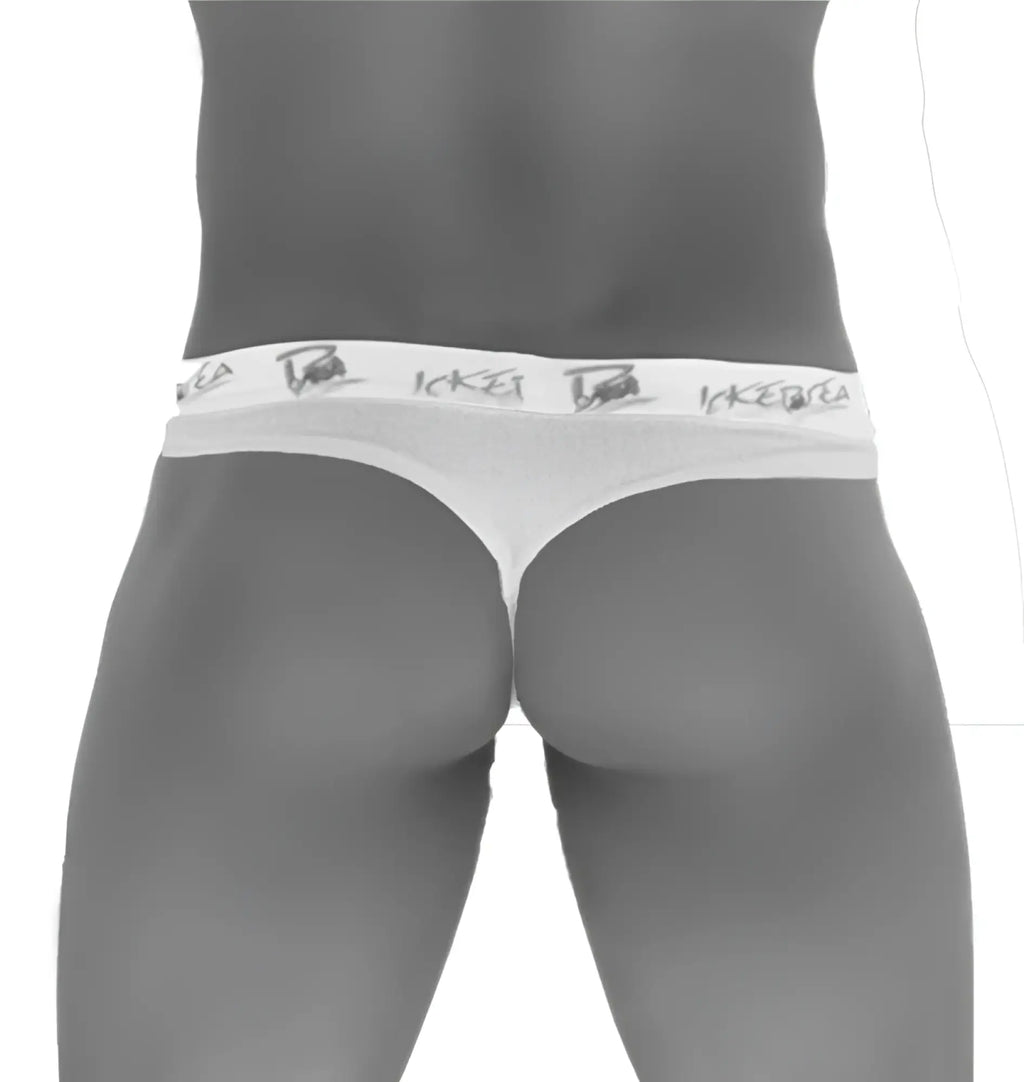 White icker sea brazilian tanga thong underwear with mango repeating logo pattern waistband visible on back side