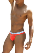 Orange icker sea brazilian tanga thong sheer mesh briefs with white elastic waistband and blue logo text