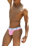 Icker sea pink brazilian tanga thong underwear with white elastic waistband and blue logo text for athletic use